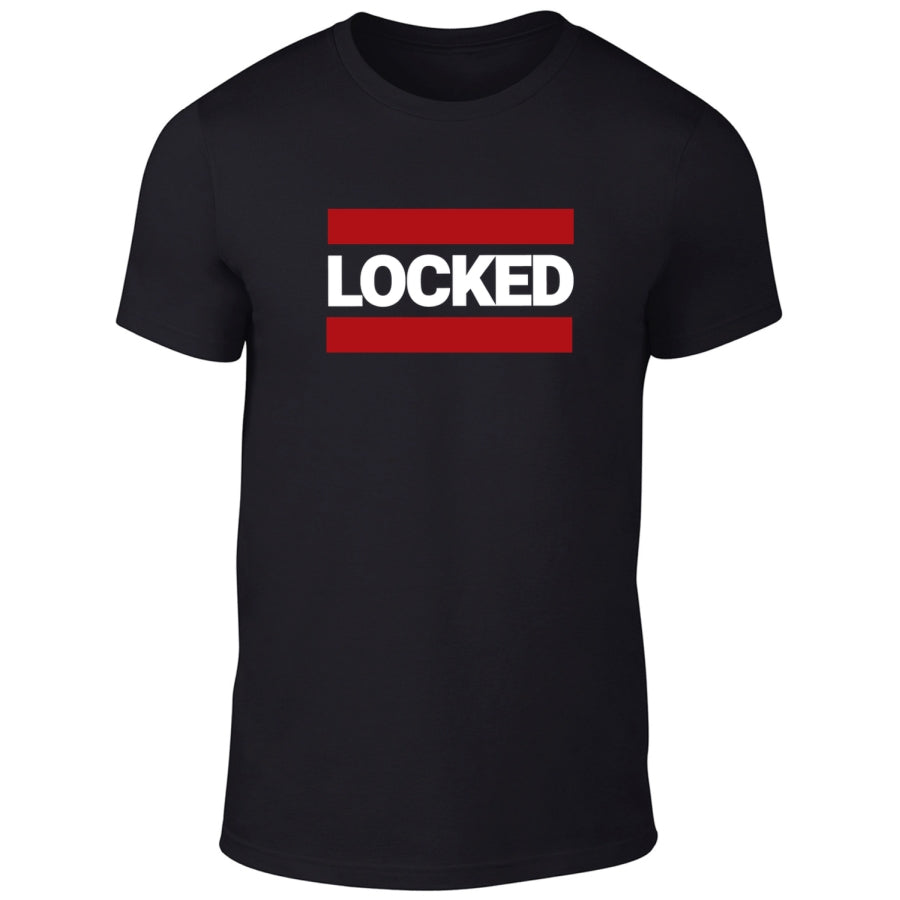 Black sk8erboy T-shirt with large white LOCKED letters on the front, with red bars above and below, in front of a white wall for gay and fetish.