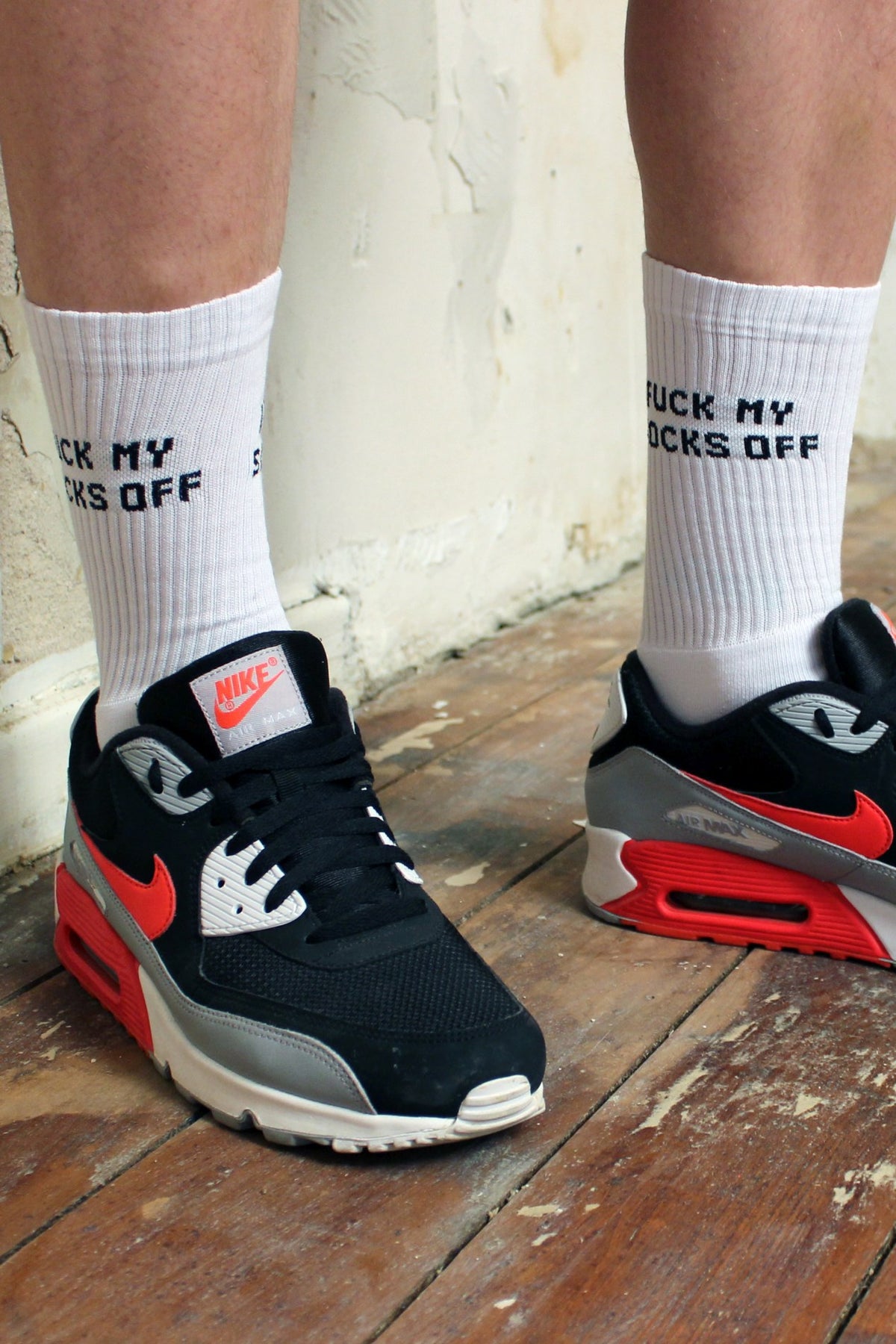 sk8erboy sniff me socks socks with bold black lettering on the white socks for Nike Air Max