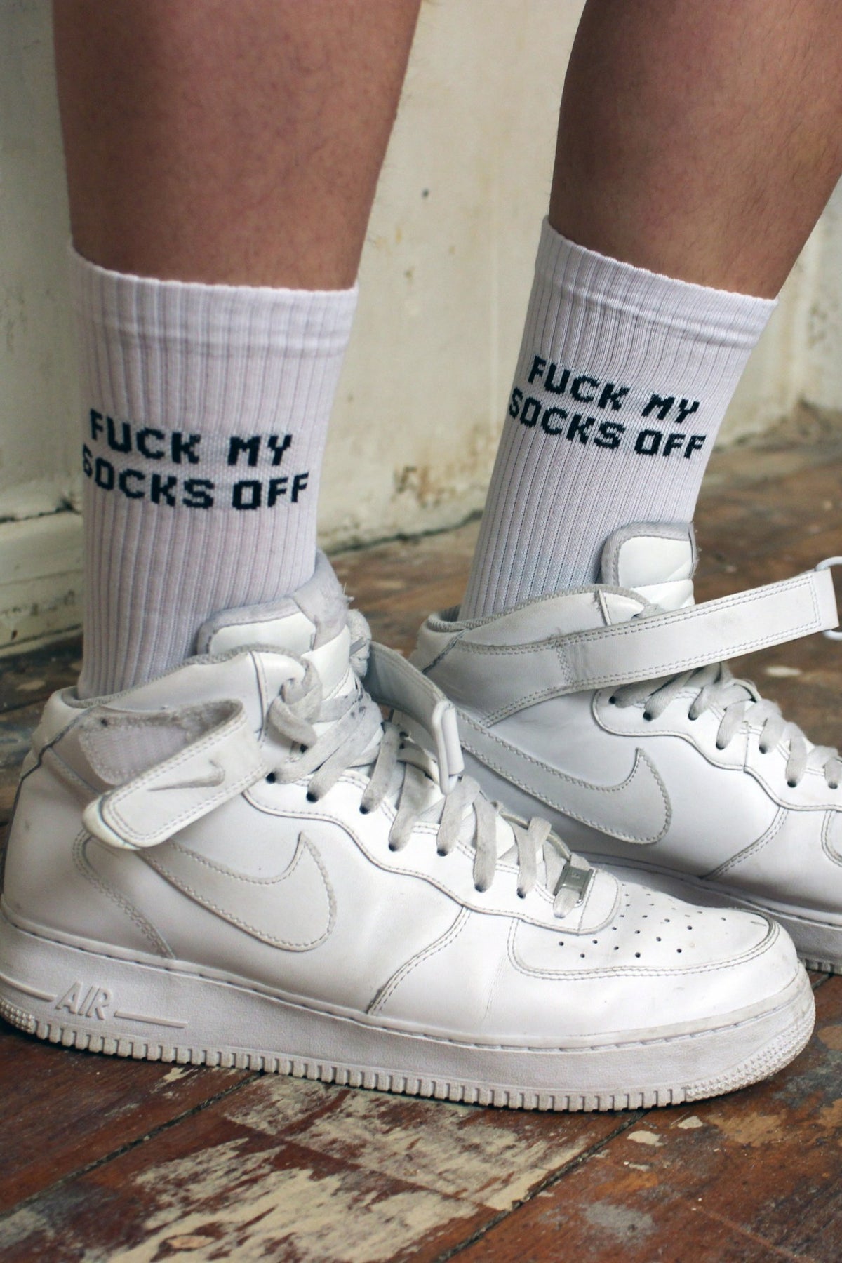 sk8erboy sniff me socks socks with bold black lettering on white socks for white Nike Air