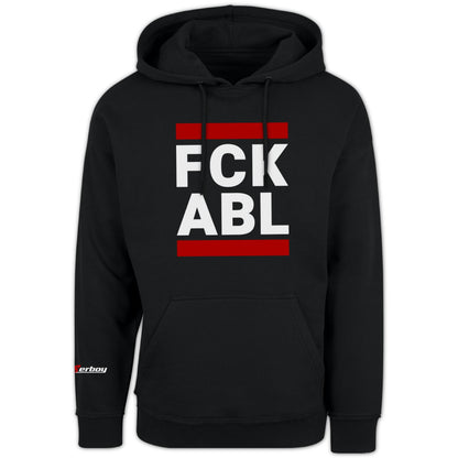 schwarzer sk8erboy kaputzen pullover gay fetisch sweat shirt mit logo auf dem arm und FCK ABL auf der vorderseite in schwarz weiss rot