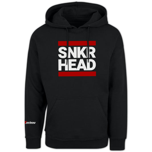 schwarzer sk8erboy kaputzen pullover gay fetisch sweat shirt mit logo auf dem arm und SNKR HEAD auf der vorderseite in schwarz weiss rot