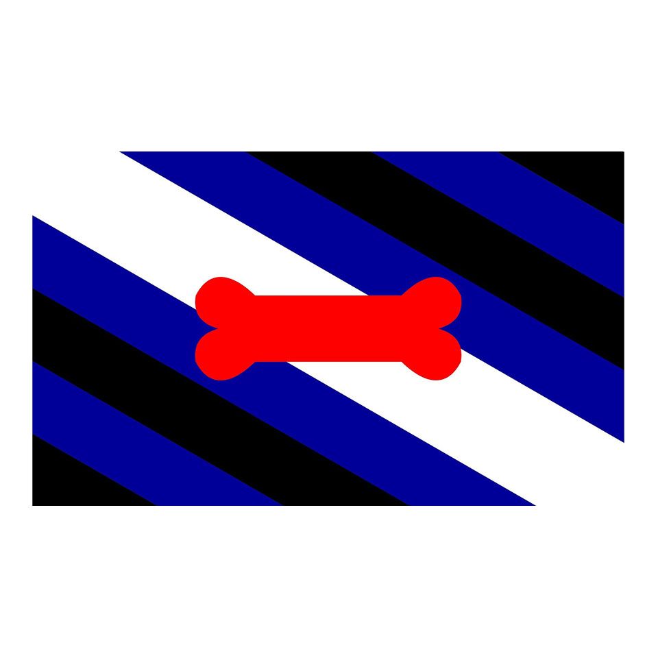 roter hundeknochen auf weiß blau schwarzer fetisch flagge vor weißem hintergrund von sk8erboy für gay fetisch im detail